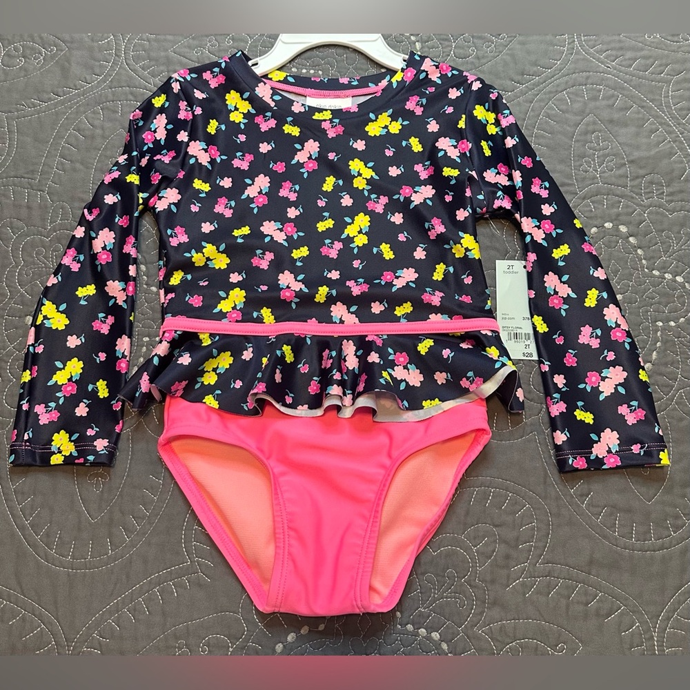 Okie Dokie Toddler Girls Navy Ditsy Floral Rash Guard And Bottoms Set NWT Size2T